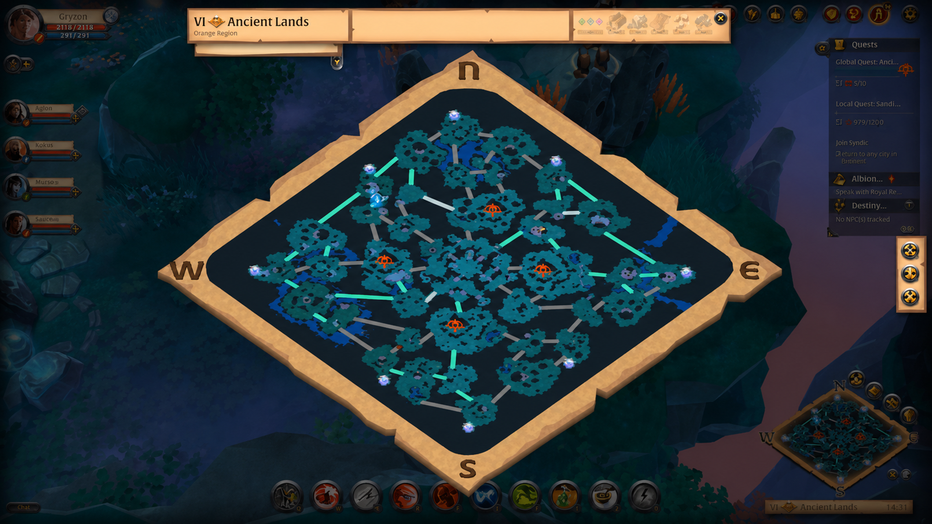 Ancient Lands map showing active and inactive teleporter connections
