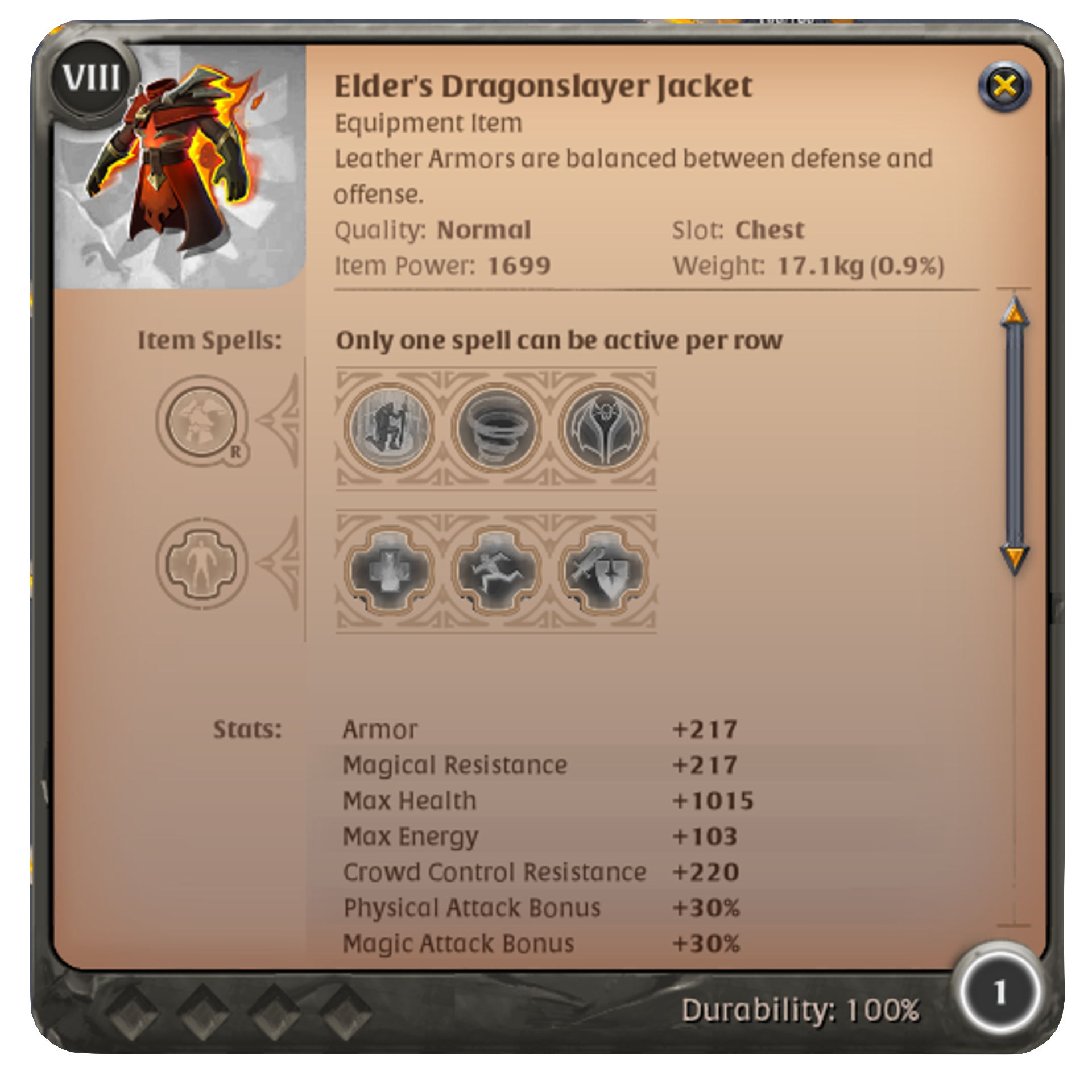 Dragonslayer Jacket item details and abilities in Albion Online