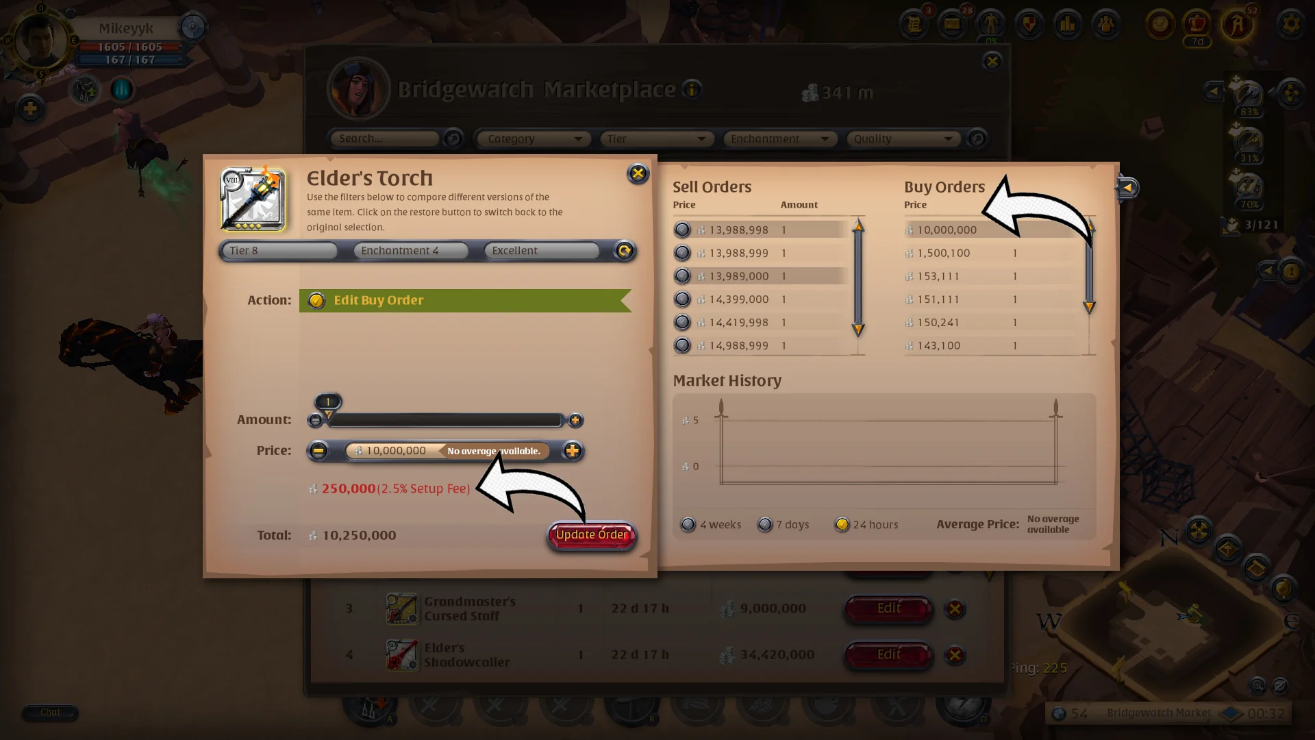 Albion Online market buy order setup fee
