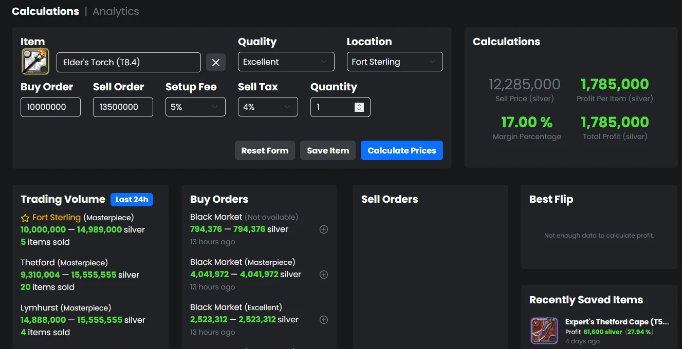Albion Online market flipping order screen
