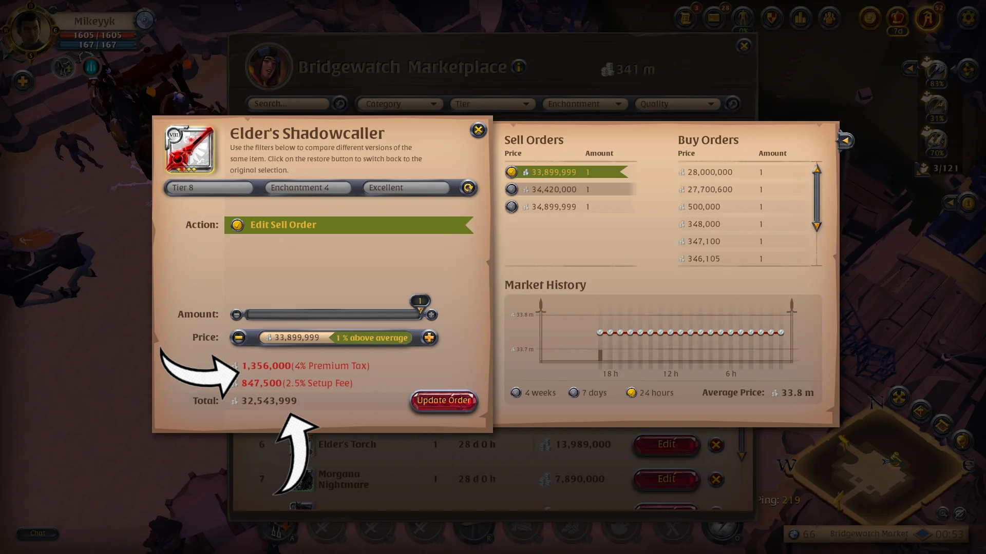 Albion Online market sell order fee and tax